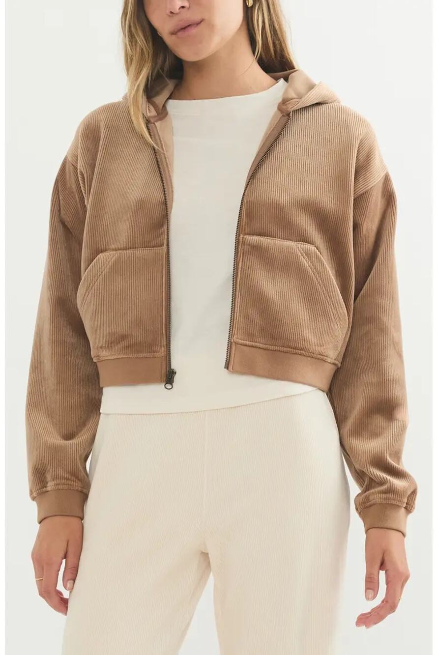 Marine Layer Corded Velour Long Sleeve Full Zip Cropped Hoodie Brown Medium